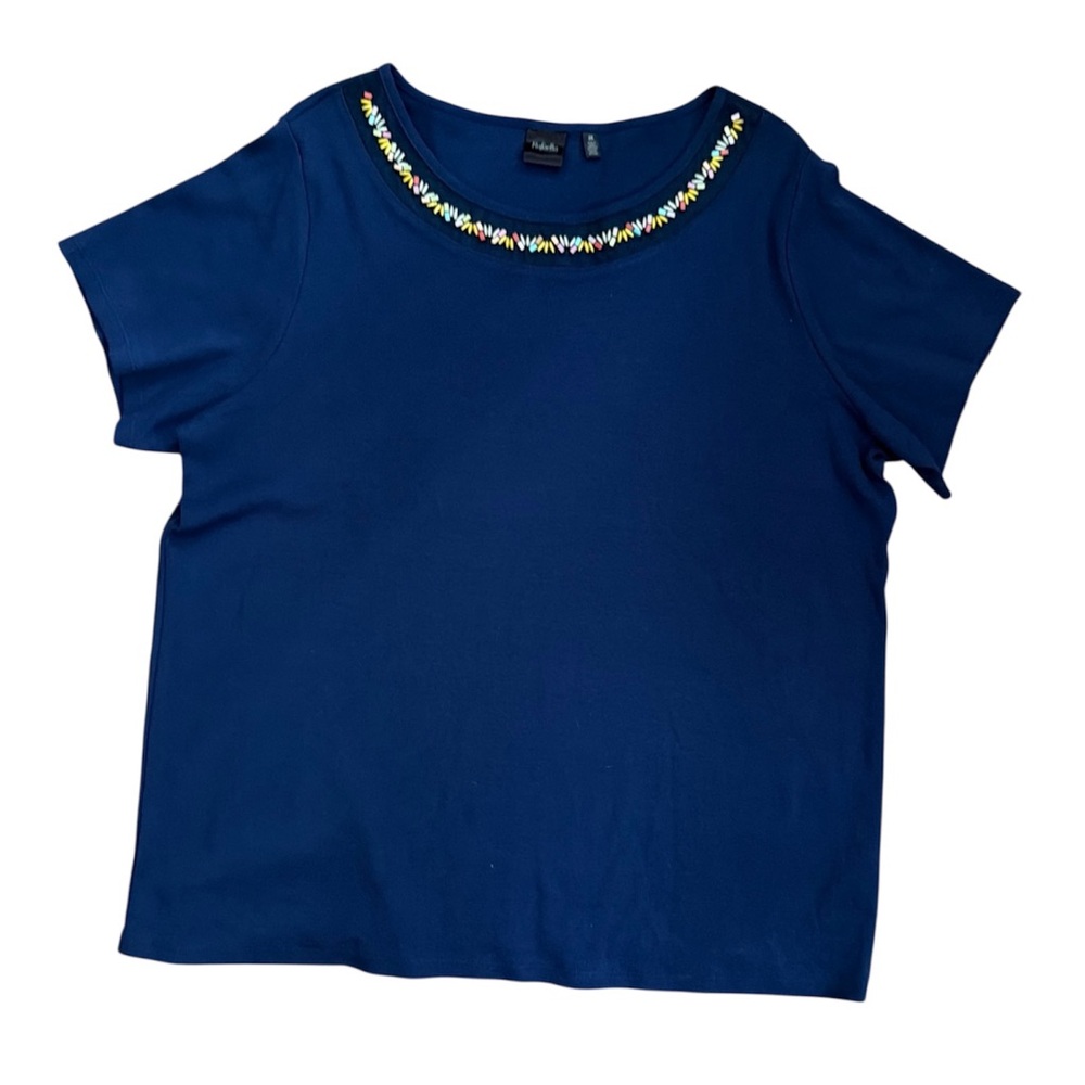NWT Rafaella Beaded Short Sleeve Cotton T- Shirt, Navy Plus Size WM SZ 3X